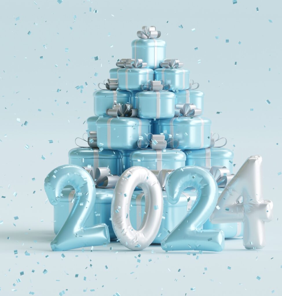 Frohes neues 2024 dauerhafte Haarentfernung Muenchen. Geschenke hinter Luftballons, welche 2024 zeigen.