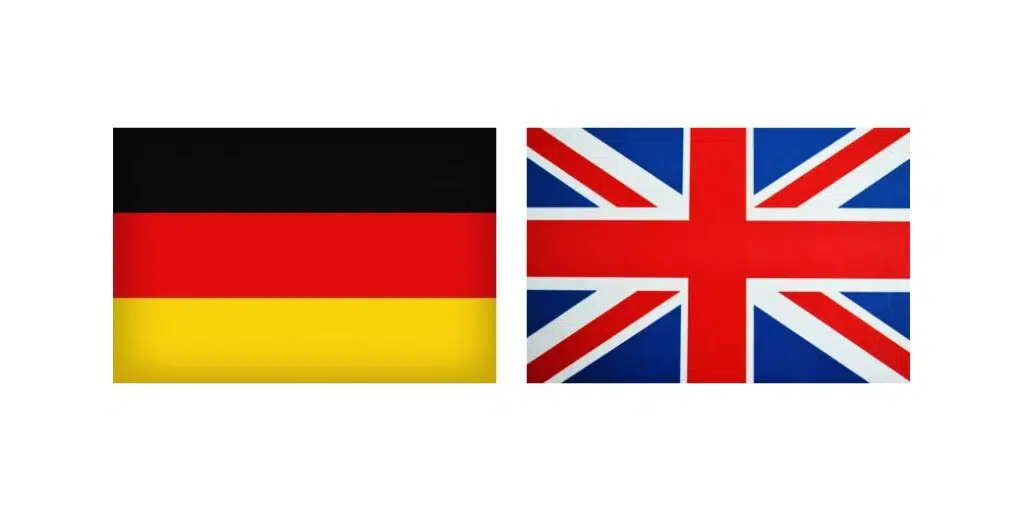 Englisch dauerhafte Haarentfernung Muenchen. Deutsche Flagge und englische Flagge nebeneinander.