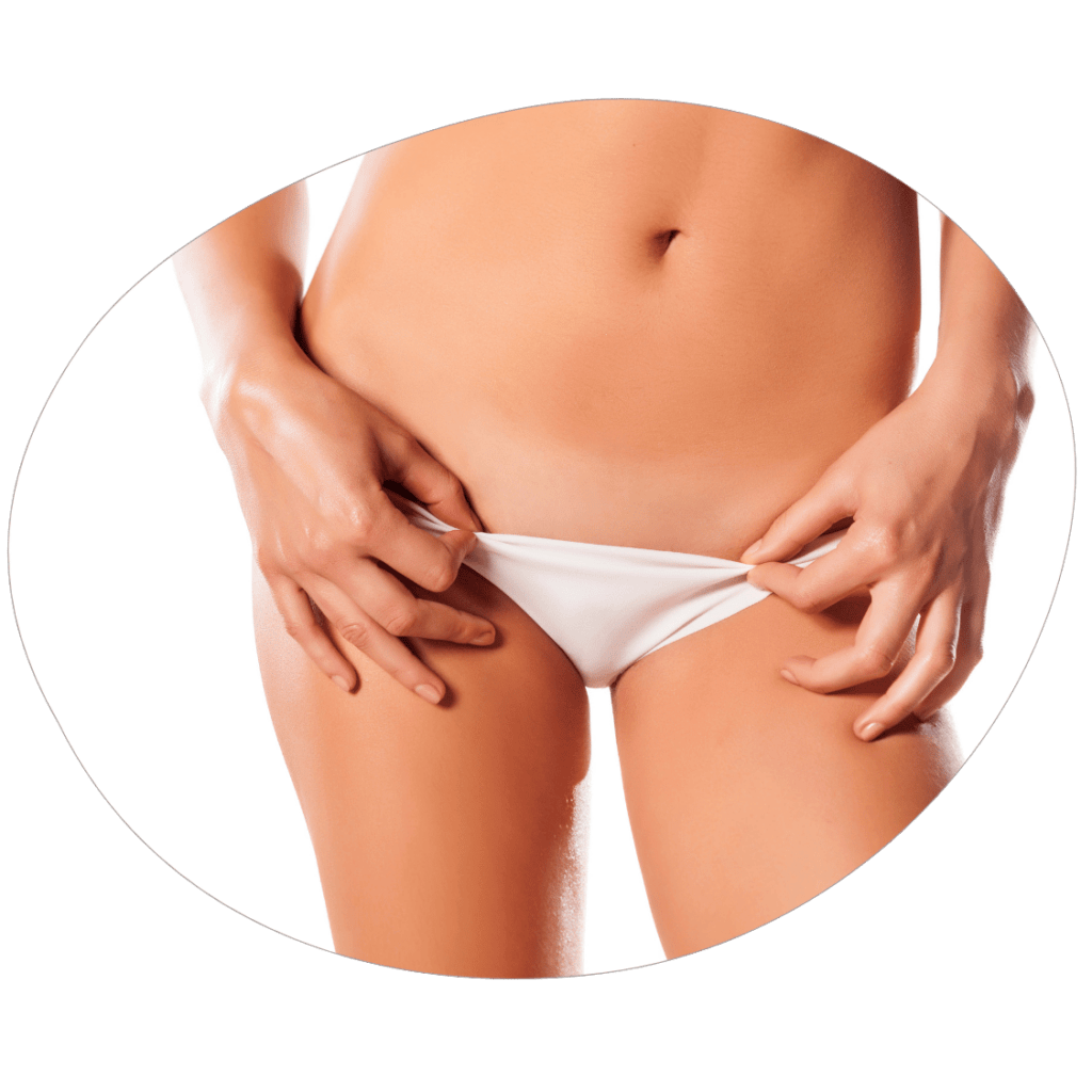 Bikinizone von einer Frau mit einem weißen Slip ohne Haare nach dauerhaften Haarentfernung in München.