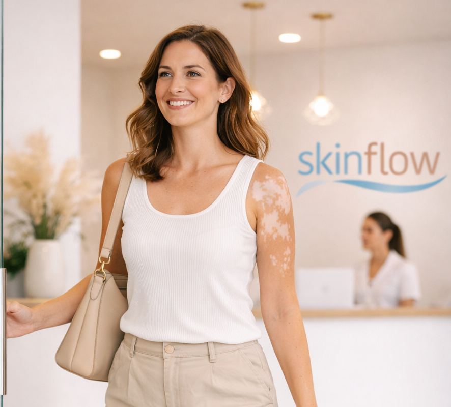 Frau mit Vitiligo in einem skinflow Institut